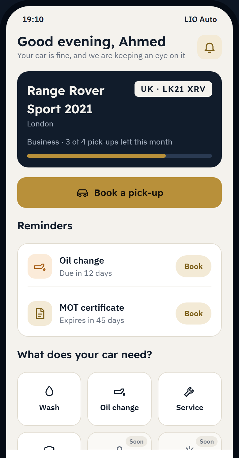 The LIO Auto app home screen