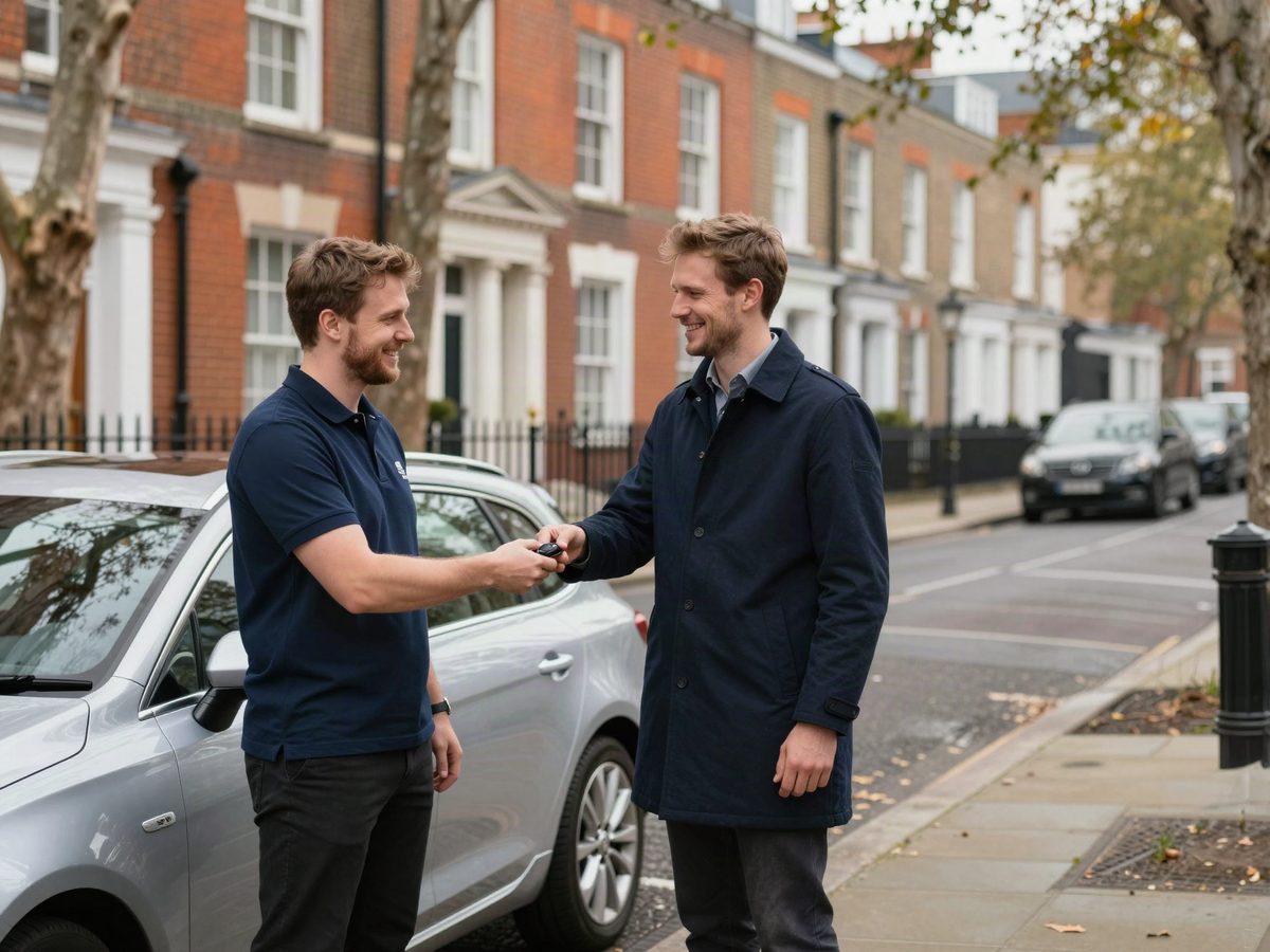 A LIO Auto driver hands a customer their car key on a London terraced street