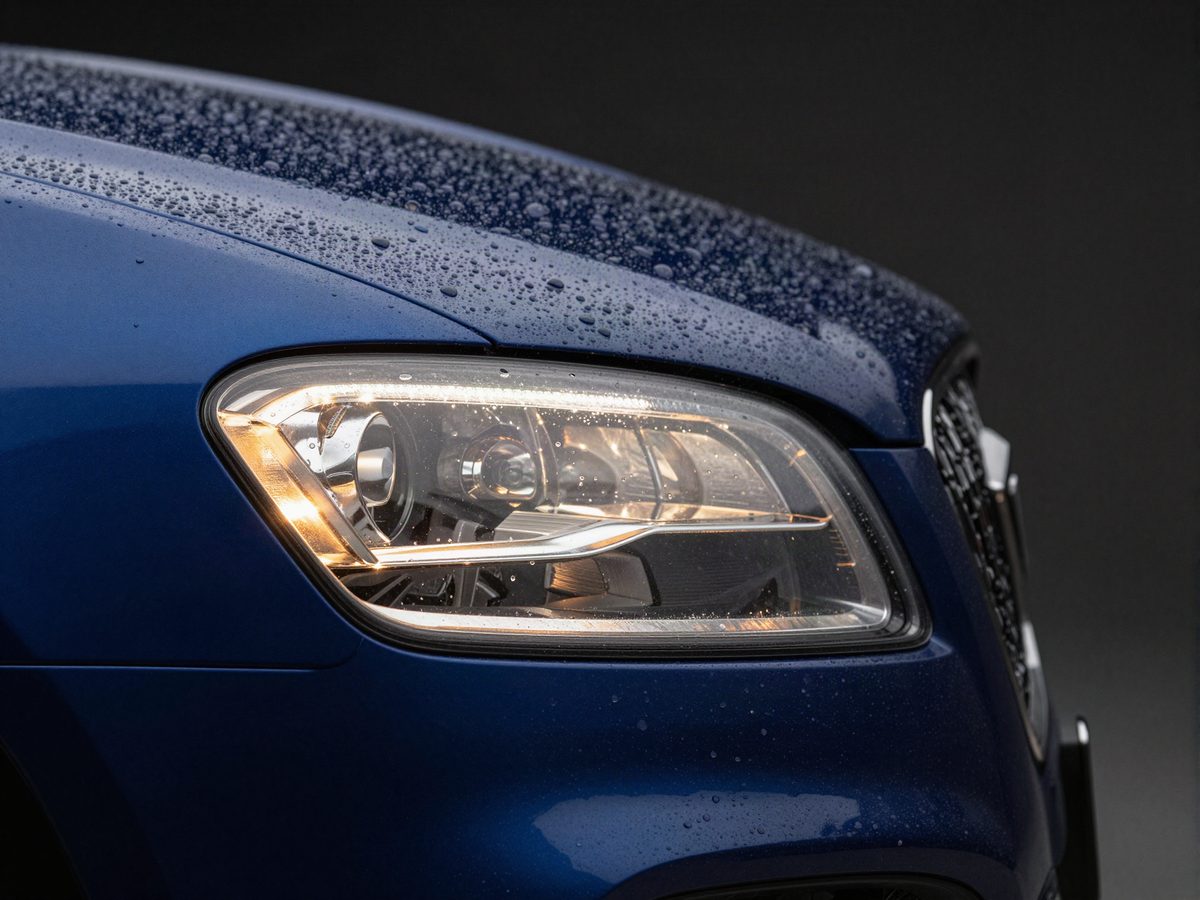 Headlight detail on a freshly washed car