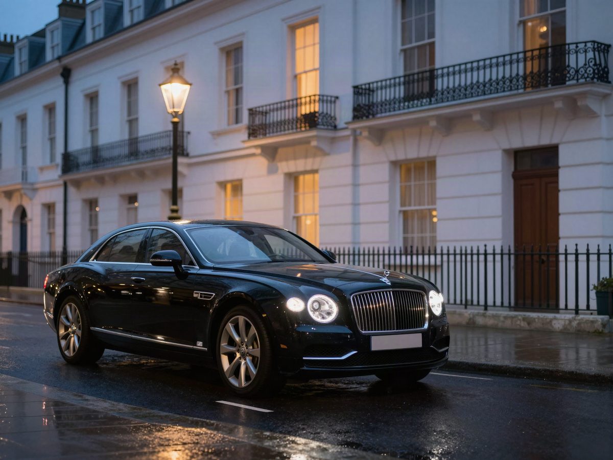 A luxury saloon on a London street at dusk