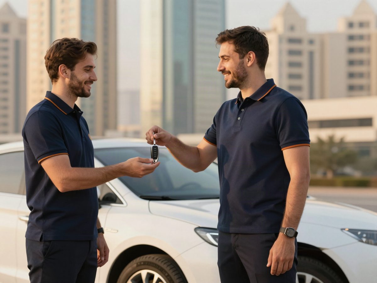مندوب LIO Auto يسلّم العميل مفتاح سيّارته أمام برج في دبي
